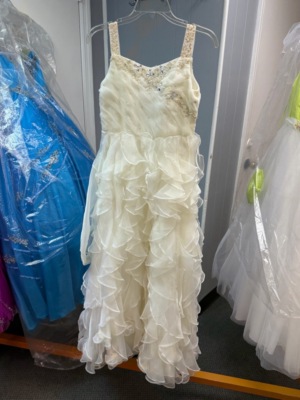 Ivory Beaded Ruffle Tulle Formal Dress for Girls